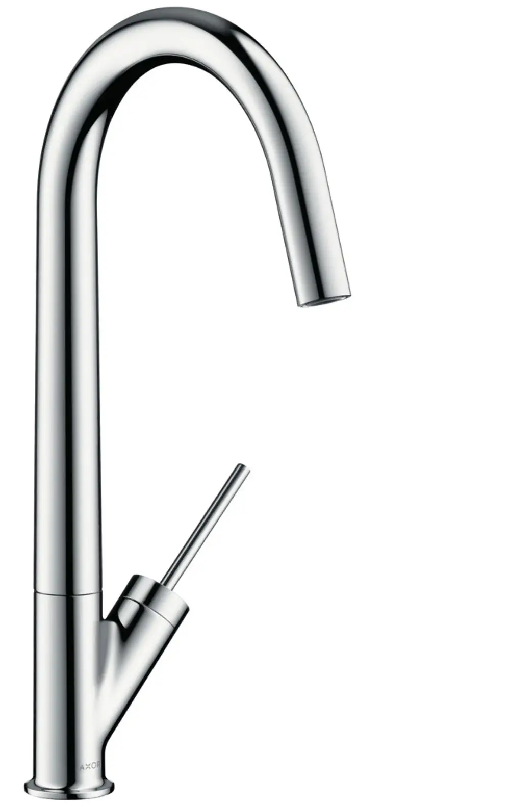 Küchenmischer von AXOR mit einem hohen, geschwungenen Auslauf und einem seitlichen Hebel für die Wassersteuerung. Oberfläche in glänzendem Chrom.